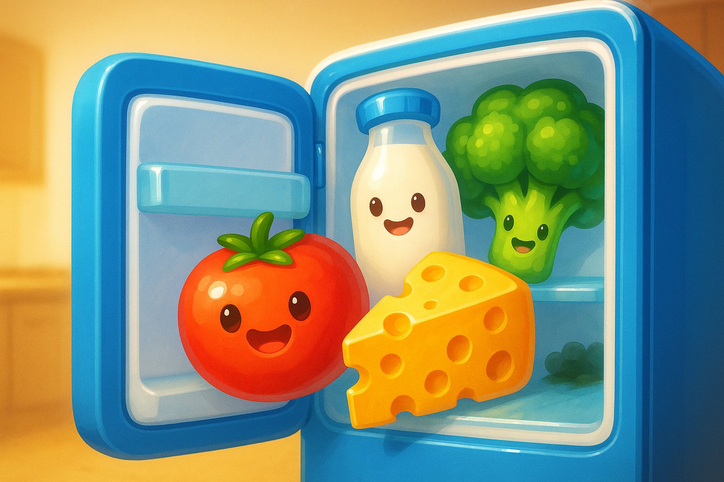 Spoiled — cheerful food characters inside a bright blue cartoon fridge, with mold creeping in at the corner